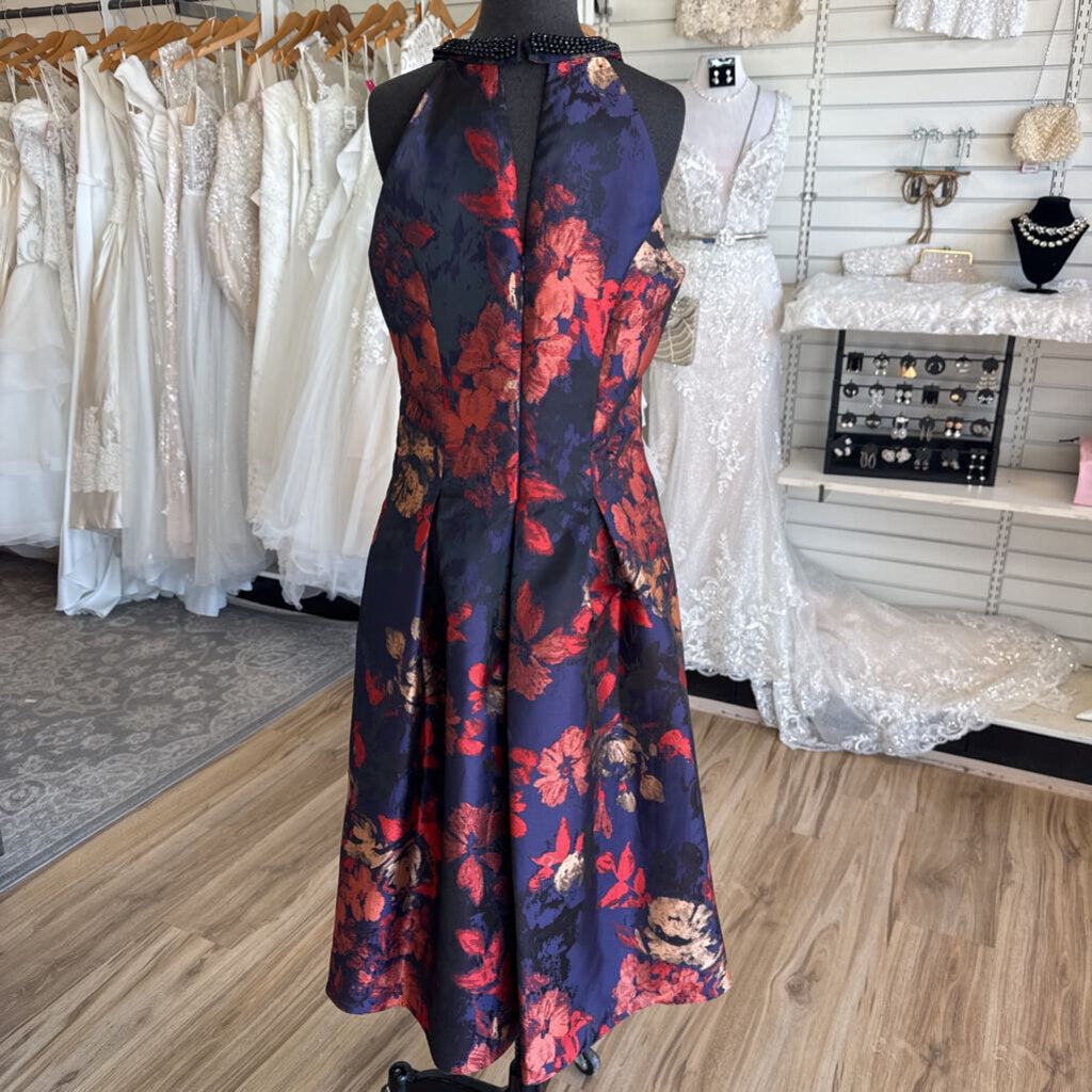 SLNY Navy/ Multi Metallic Print Long Formal Dress 10