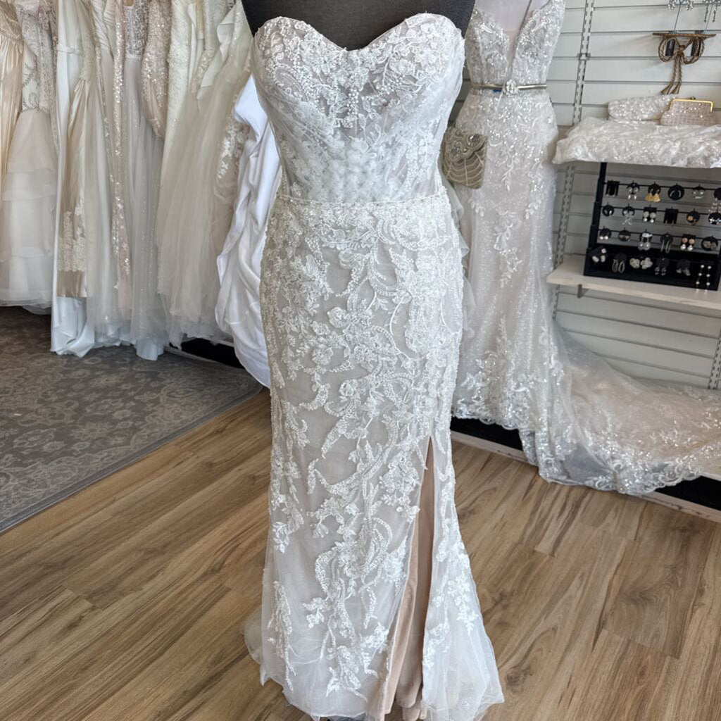 Galina Signature Ivory/ Champagne Beaded Lace Strapless Bridal Gown 6