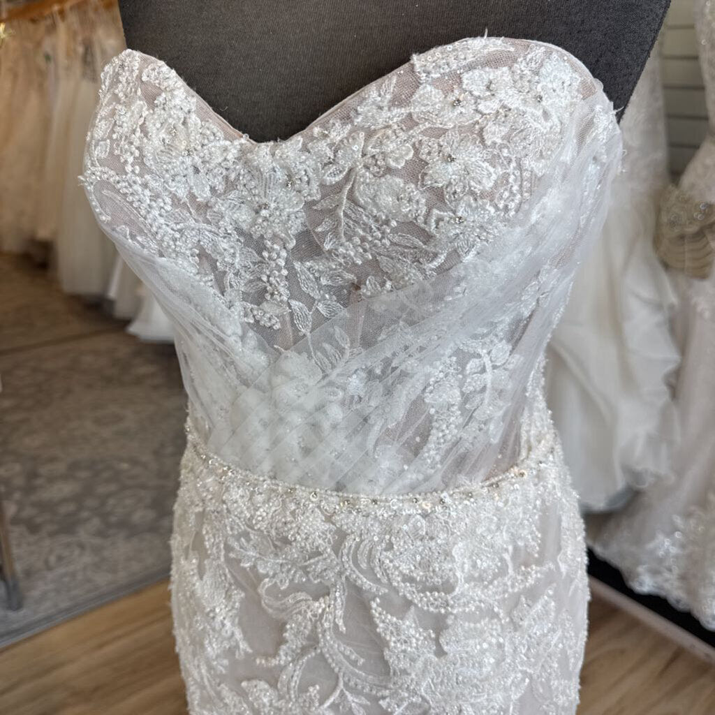Galina Signature Ivory/ Champagne Beaded Lace Strapless Bridal Gown 6