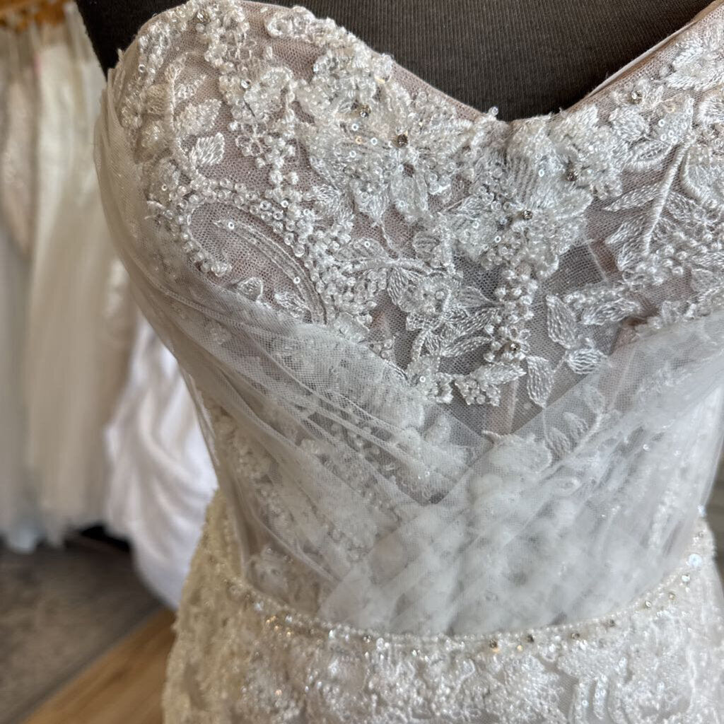 Galina Signature Ivory/ Champagne Beaded Lace Strapless Bridal Gown 6