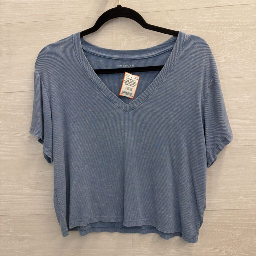 American Eagle Blue Cropped Short Sleeve Top Medium