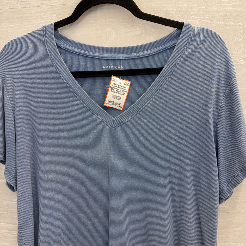 American Eagle Blue Cropped Short Sleeve Top Medium