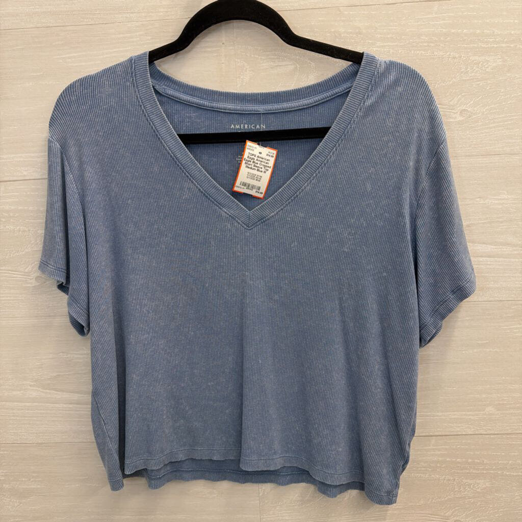 American Eagle Blue Cropped Short Sleeve Top Medium
