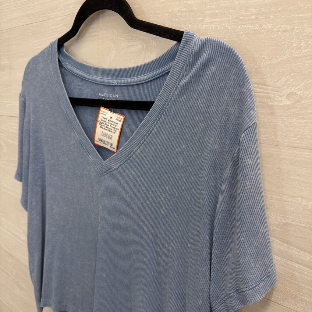 American Eagle Blue Cropped Short Sleeve Top Medium