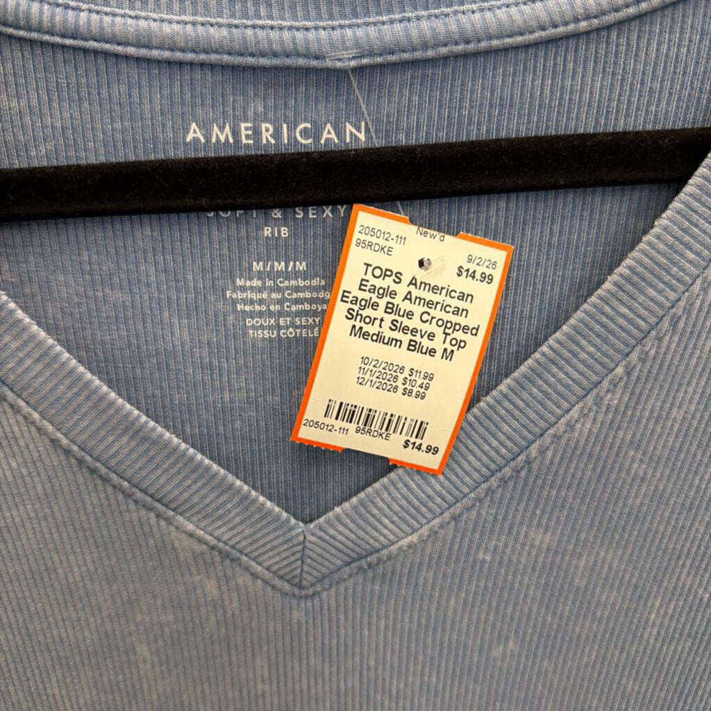 American Eagle Blue Cropped Short Sleeve Top Medium