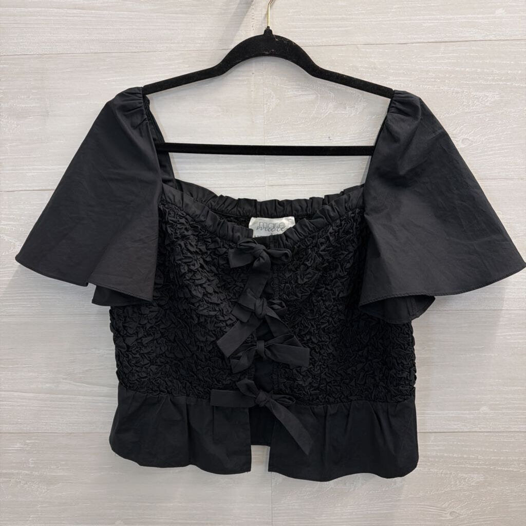 Mare Mare Anthropogie Black Smocked Tie Front Short Sleeve Top Small
