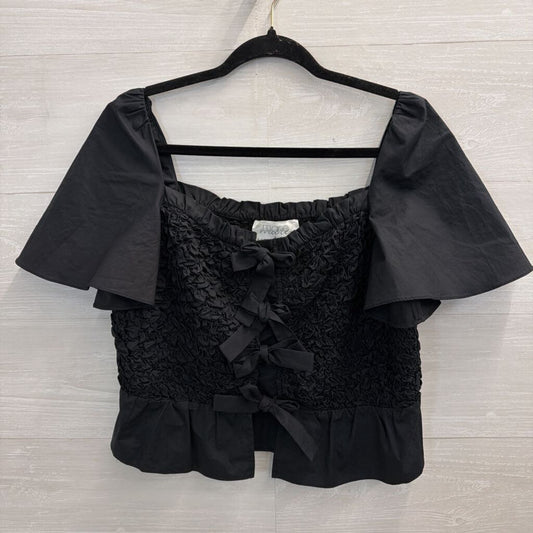 Mare Mare Anthropogie Black Smocked Tie Front Short Sleeve Top Small