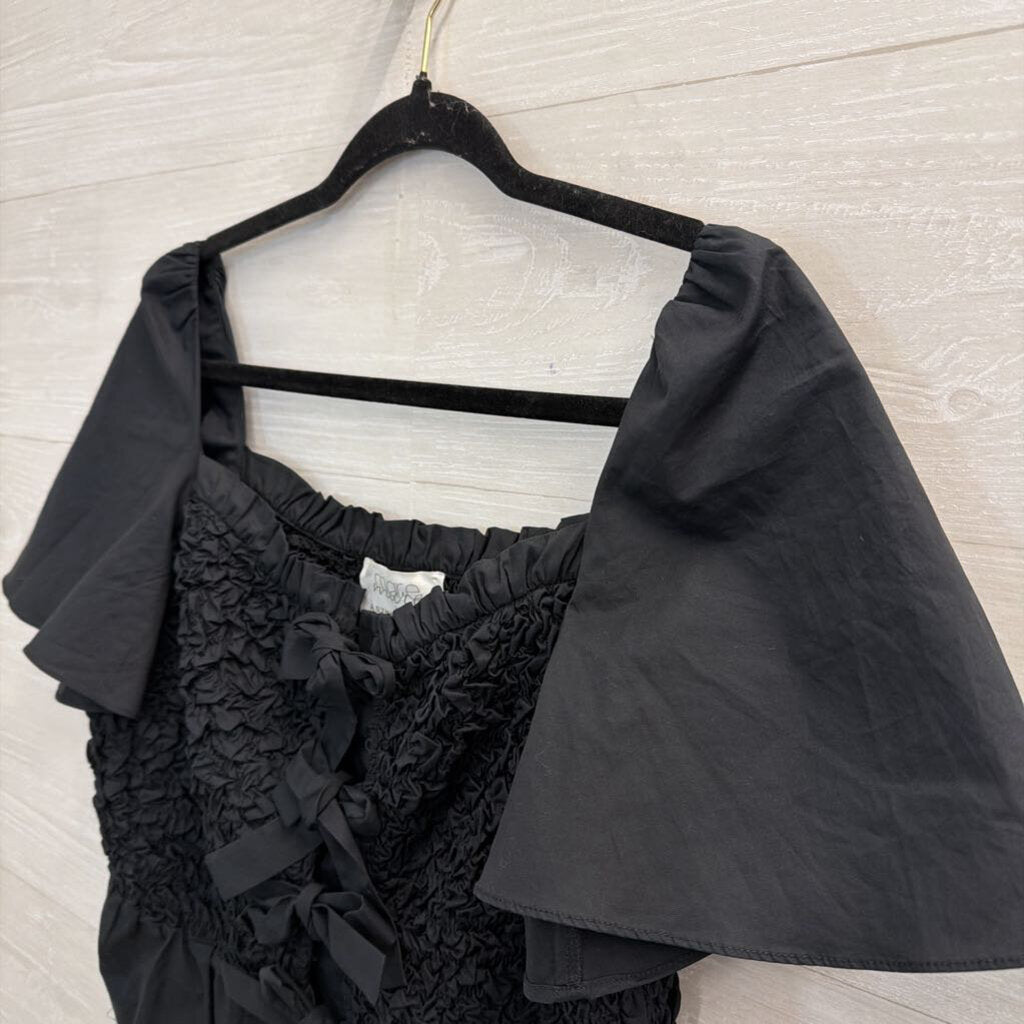 Mare Mare Anthropogie Black Smocked Tie Front Short Sleeve Top Small