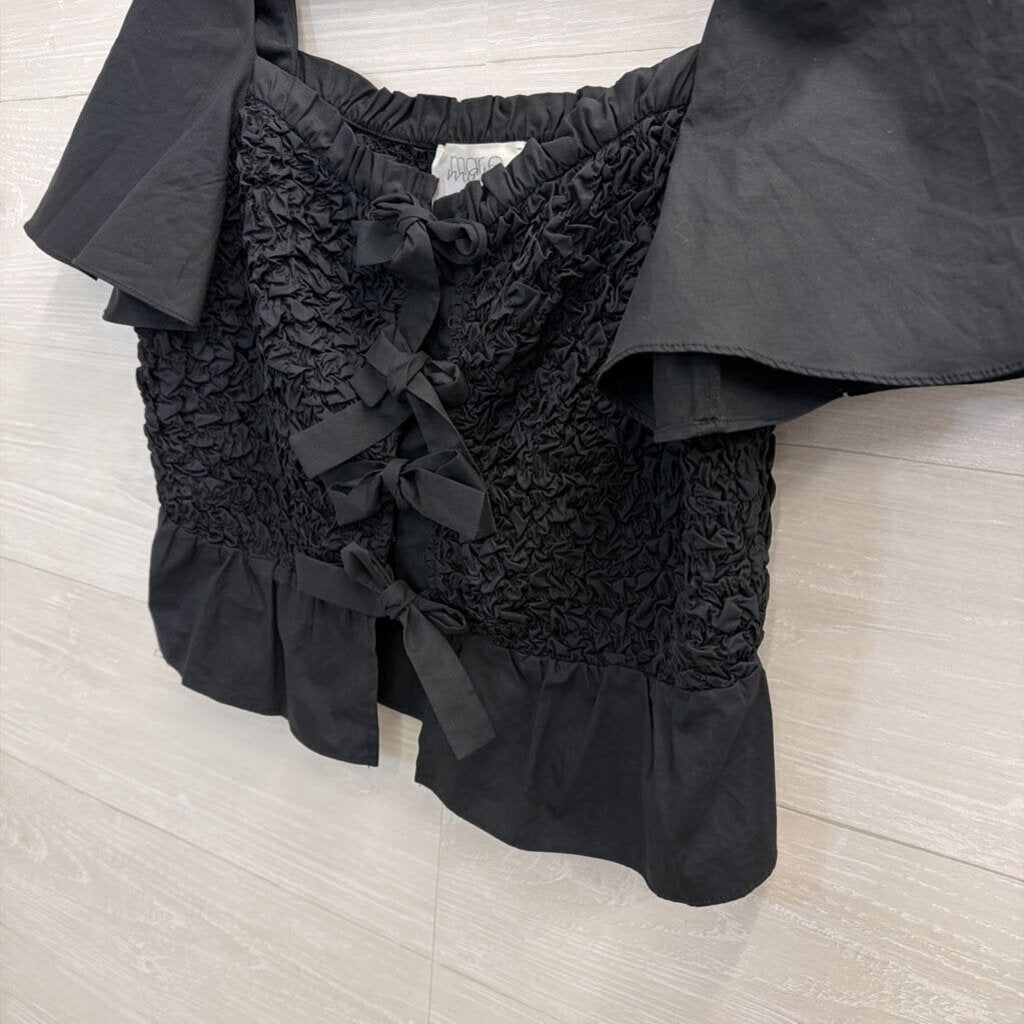 Mare Mare Anthropogie Black Smocked Tie Front Short Sleeve Top Small