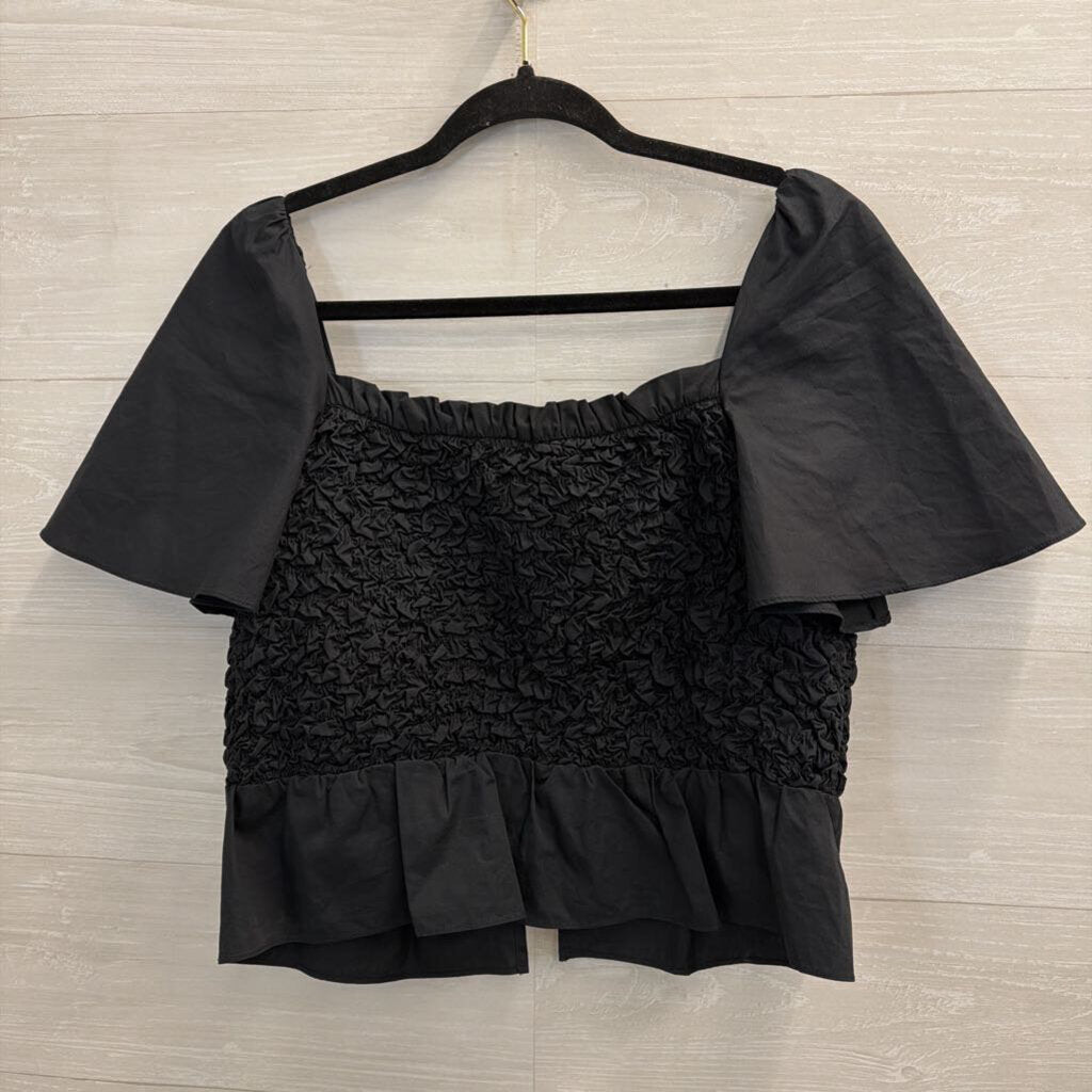 Mare Mare Anthropogie Black Smocked Tie Front Short Sleeve Top Small