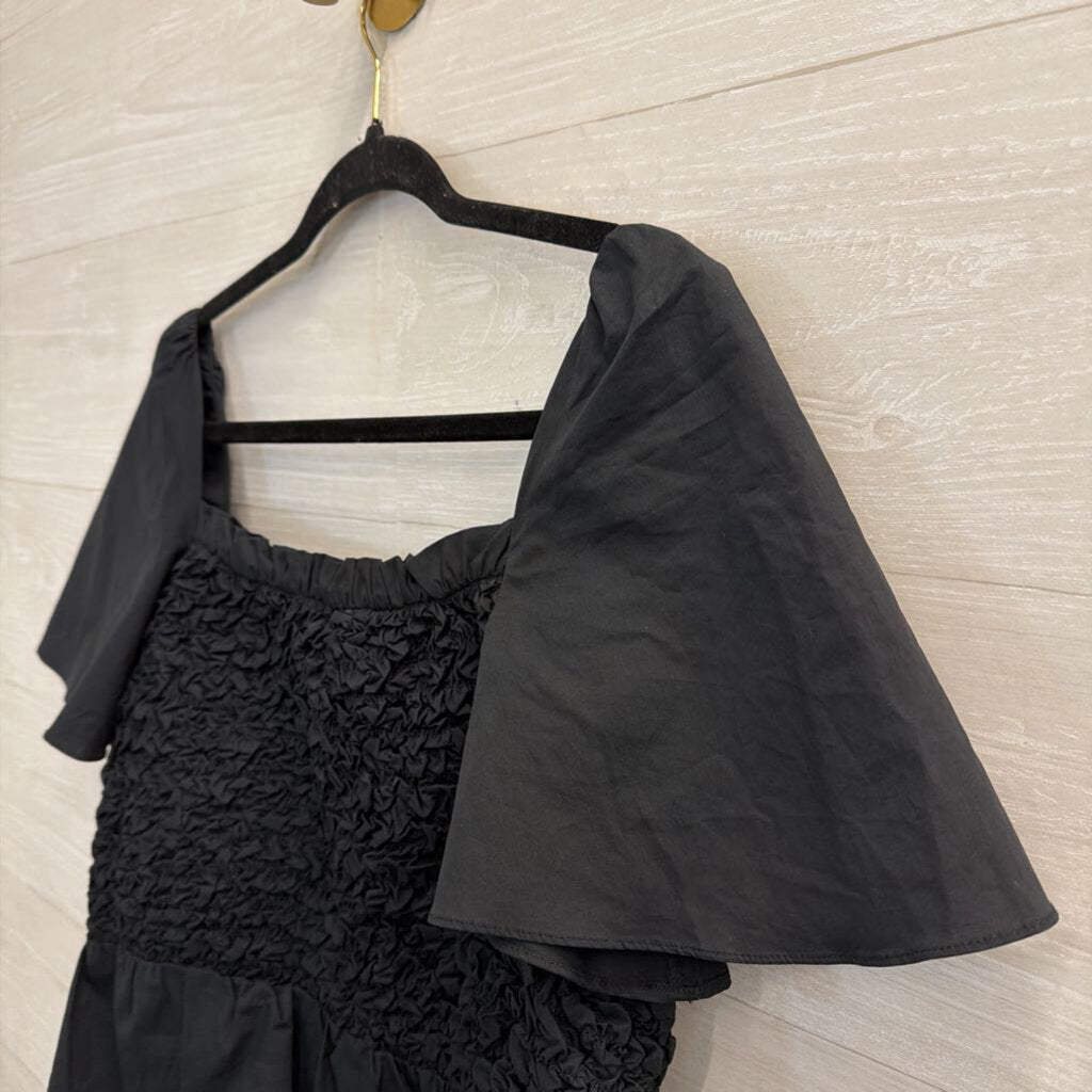 Mare Mare Anthropogie Black Smocked Tie Front Short Sleeve Top Small
