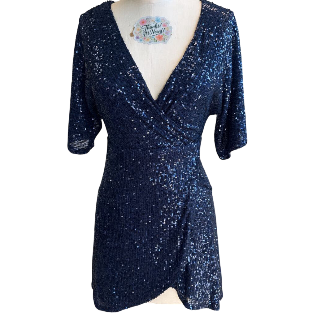 Lulus Navy Sequin Short Sleeve Short Formal Dress Extra Small