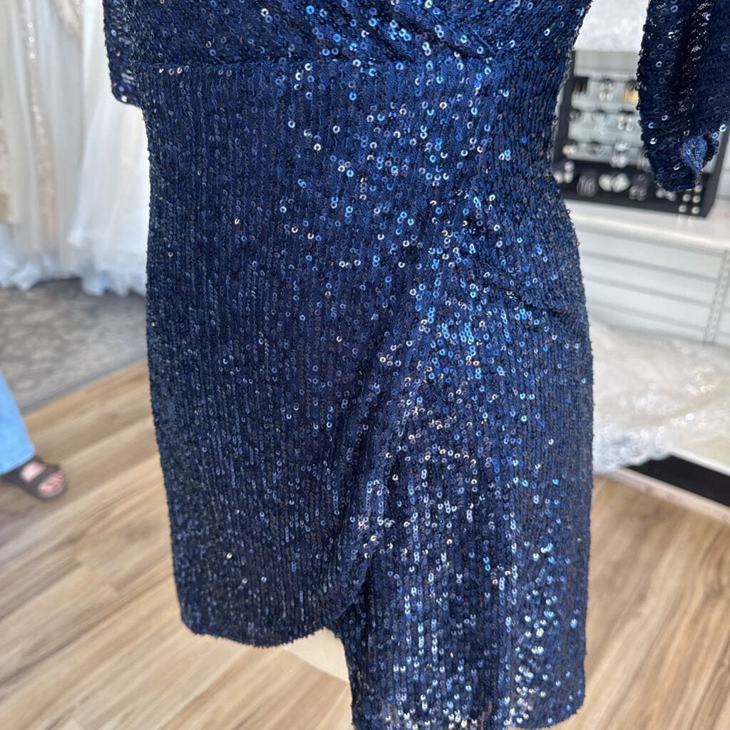 Lulus Navy Sequin Short Sleeve Short Formal Dress Extra Small
