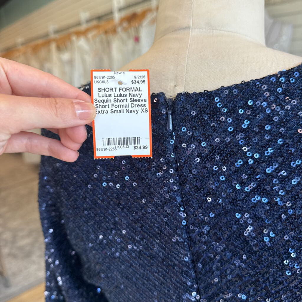 Lulus Navy Sequin Short Sleeve Short Formal Dress Extra Small