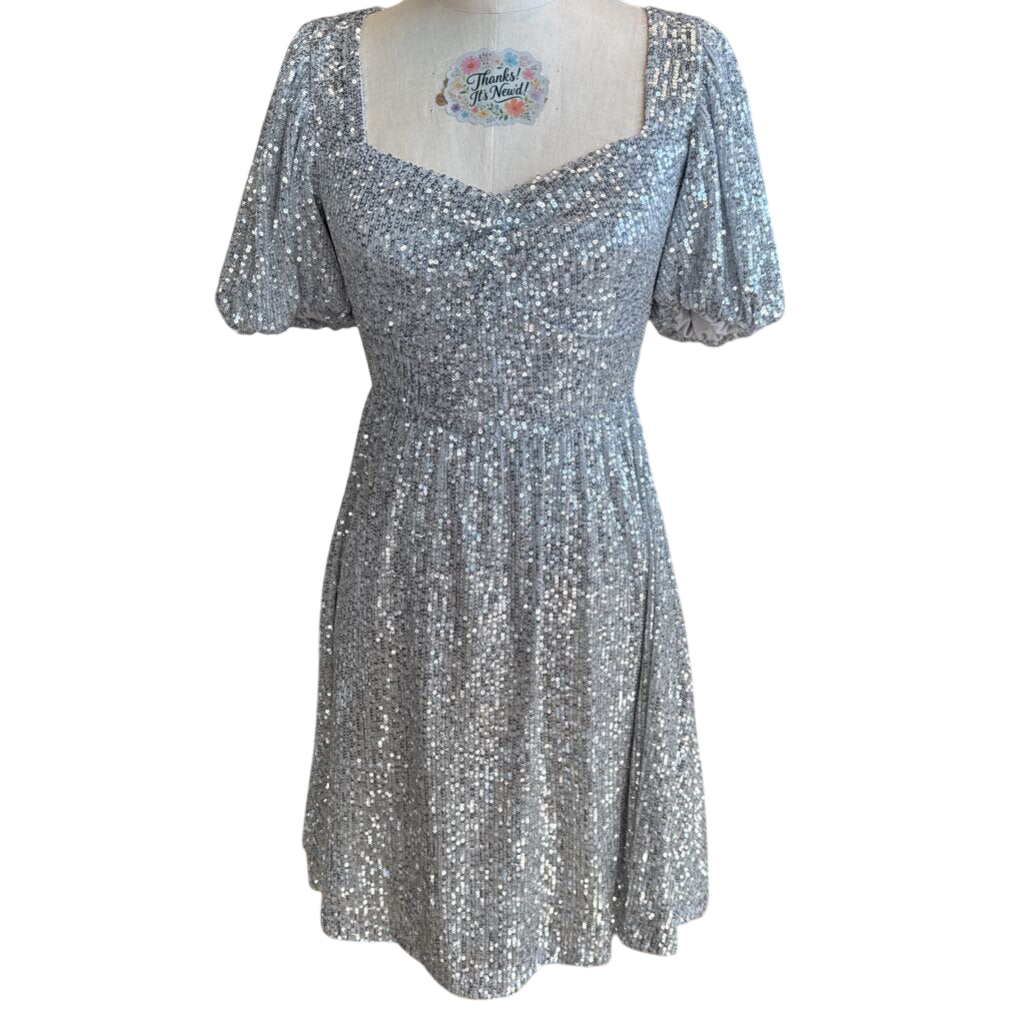 SO Silver Sequin Short Puff Sleeve Short Formal Dress Small