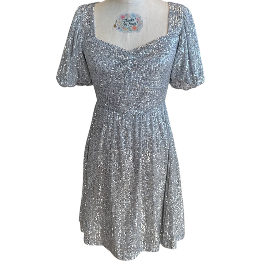 SO Silver Sequin Short Puff Sleeve Short Formal Dress Small