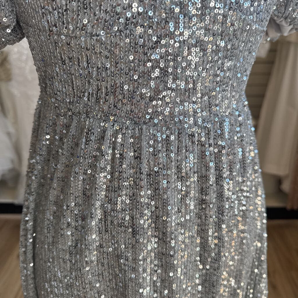 SO Silver Sequin Short Puff Sleeve Short Formal Dress Small