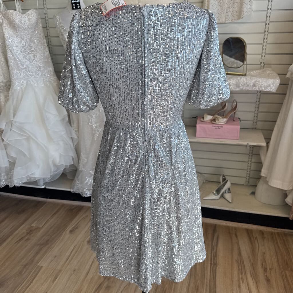 SO Silver Sequin Short Puff Sleeve Short Formal Dress Small