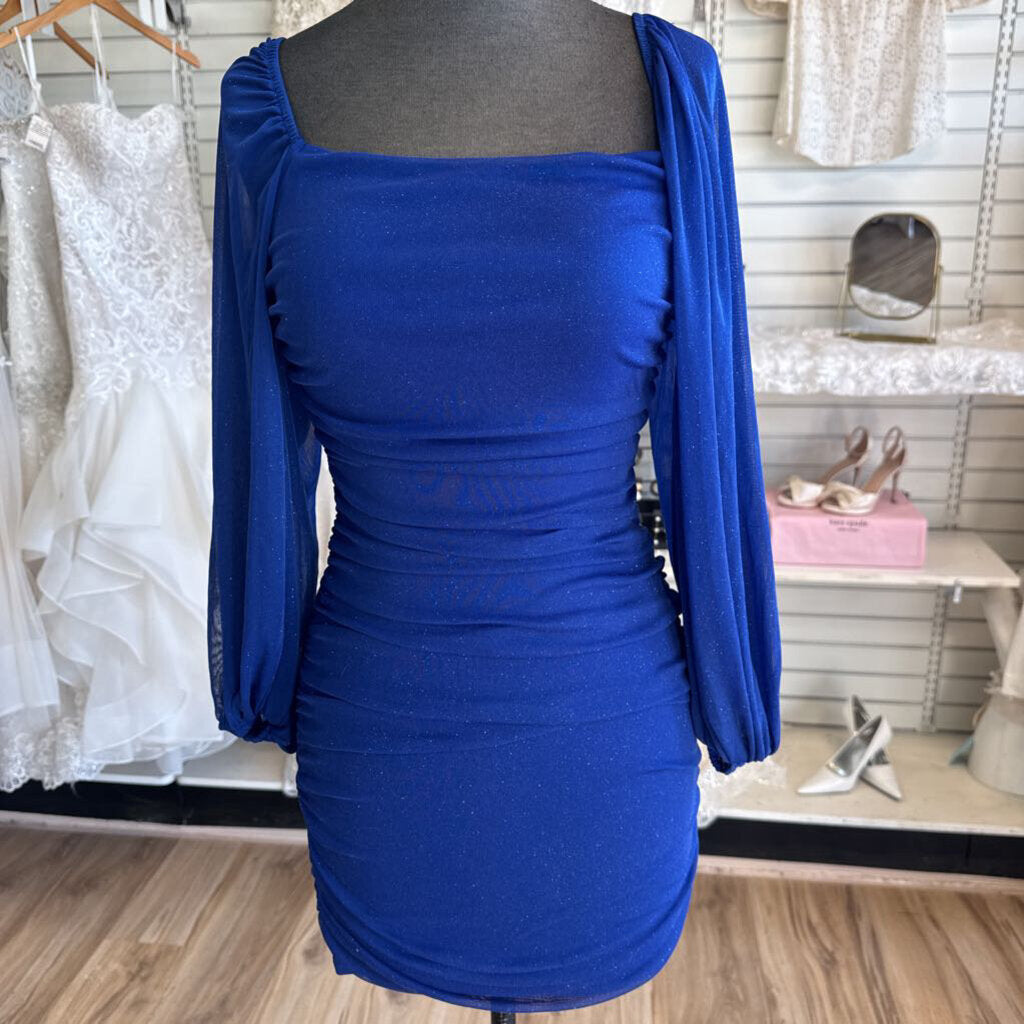 B Darlin Blue Shimmer Long Sleeve Short Formal Dress 3/4