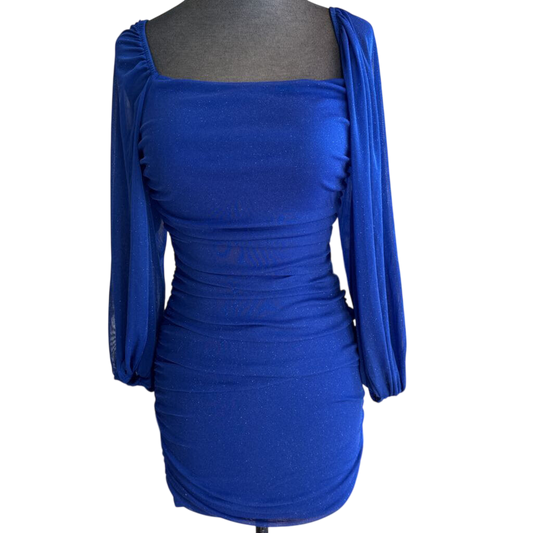 B Darlin Blue Shimmer Long Sleeve Short Formal Dress 3/4