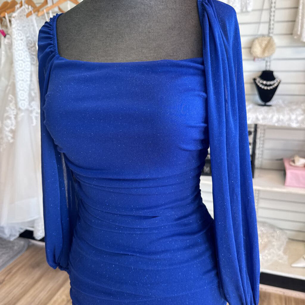 B Darlin Blue Shimmer Long Sleeve Short Formal Dress 3/4
