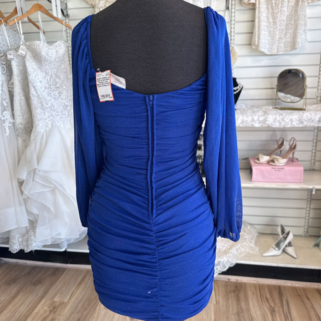 B Darlin Blue Shimmer Long Sleeve Short Formal Dress 3/4