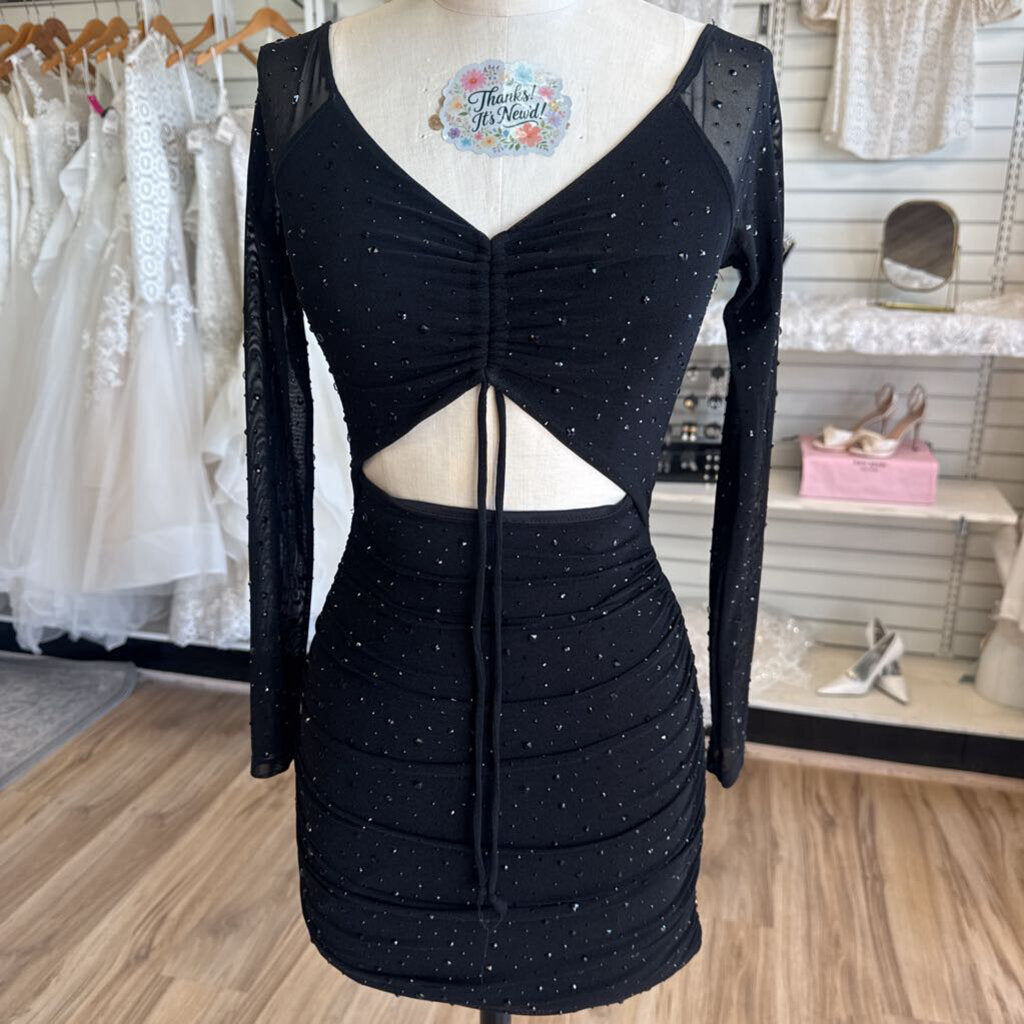 Windsor Black Studded Sparkle Long Sleeve Short Formal Dress Extra Small