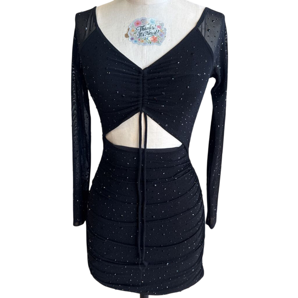 Windsor Black Studded Sparkle Long Sleeve Short Formal Dress Extra Small