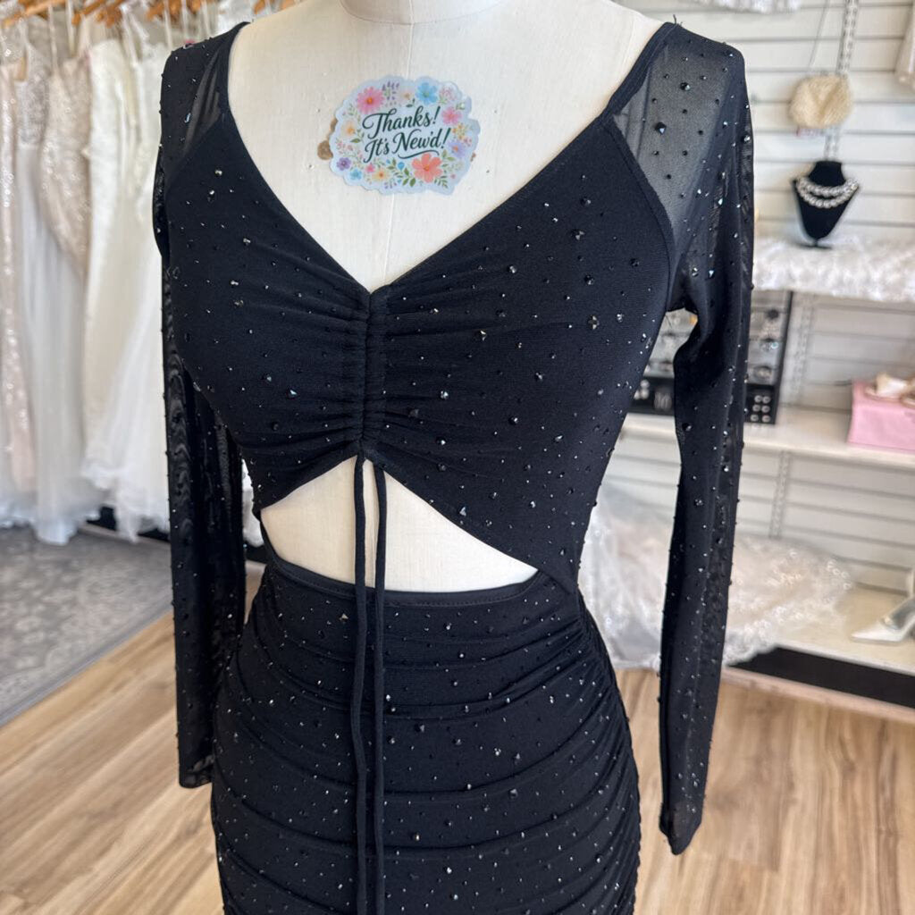 Windsor Black Studded Sparkle Long Sleeve Short Formal Dress Extra Small