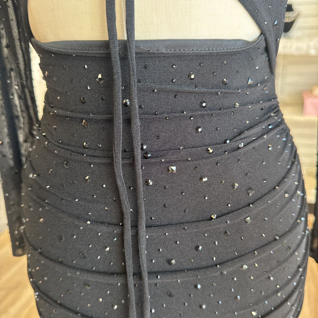 Windsor Black Studded Sparkle Long Sleeve Short Formal Dress Extra Small