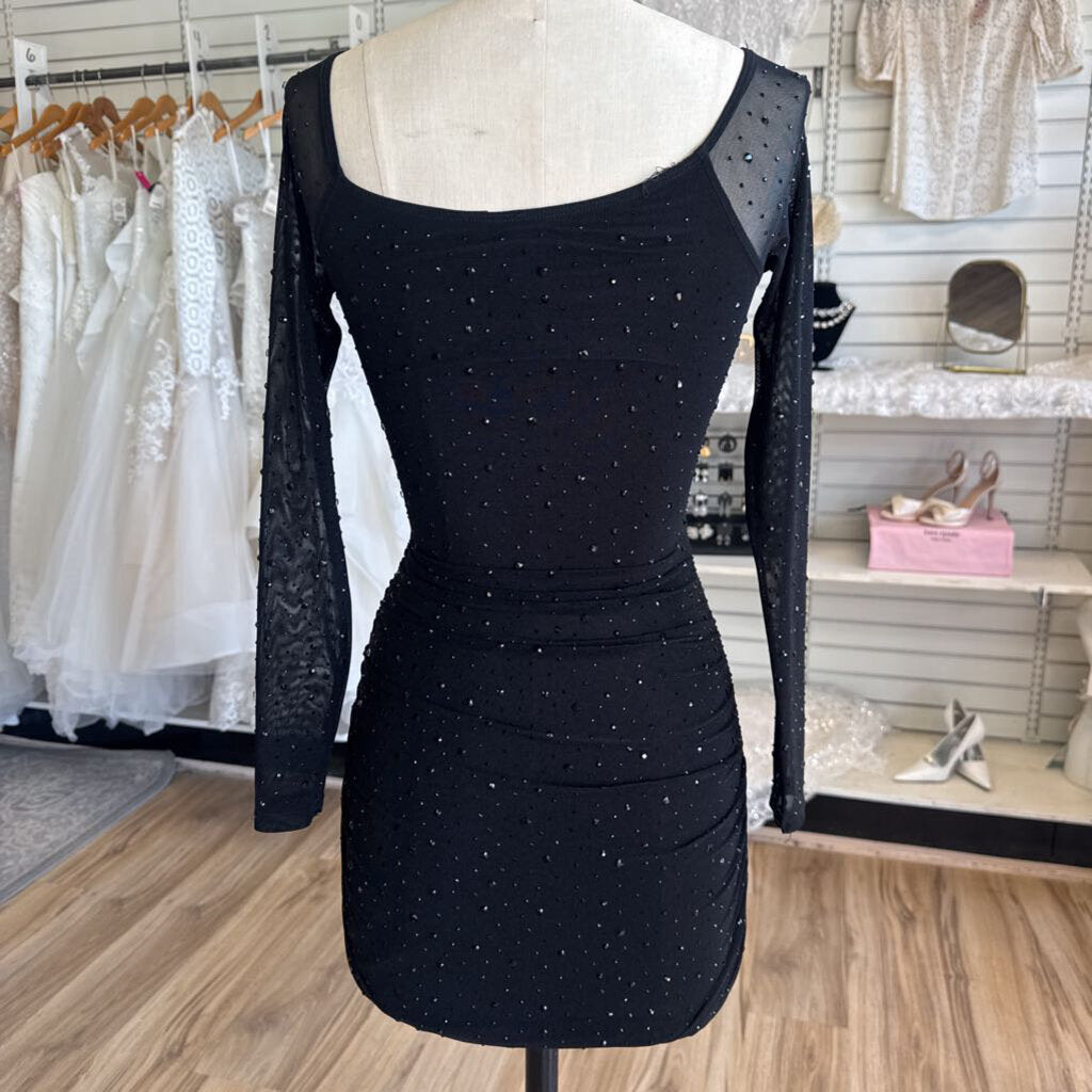 Windsor Black Studded Sparkle Long Sleeve Short Formal Dress Extra Small