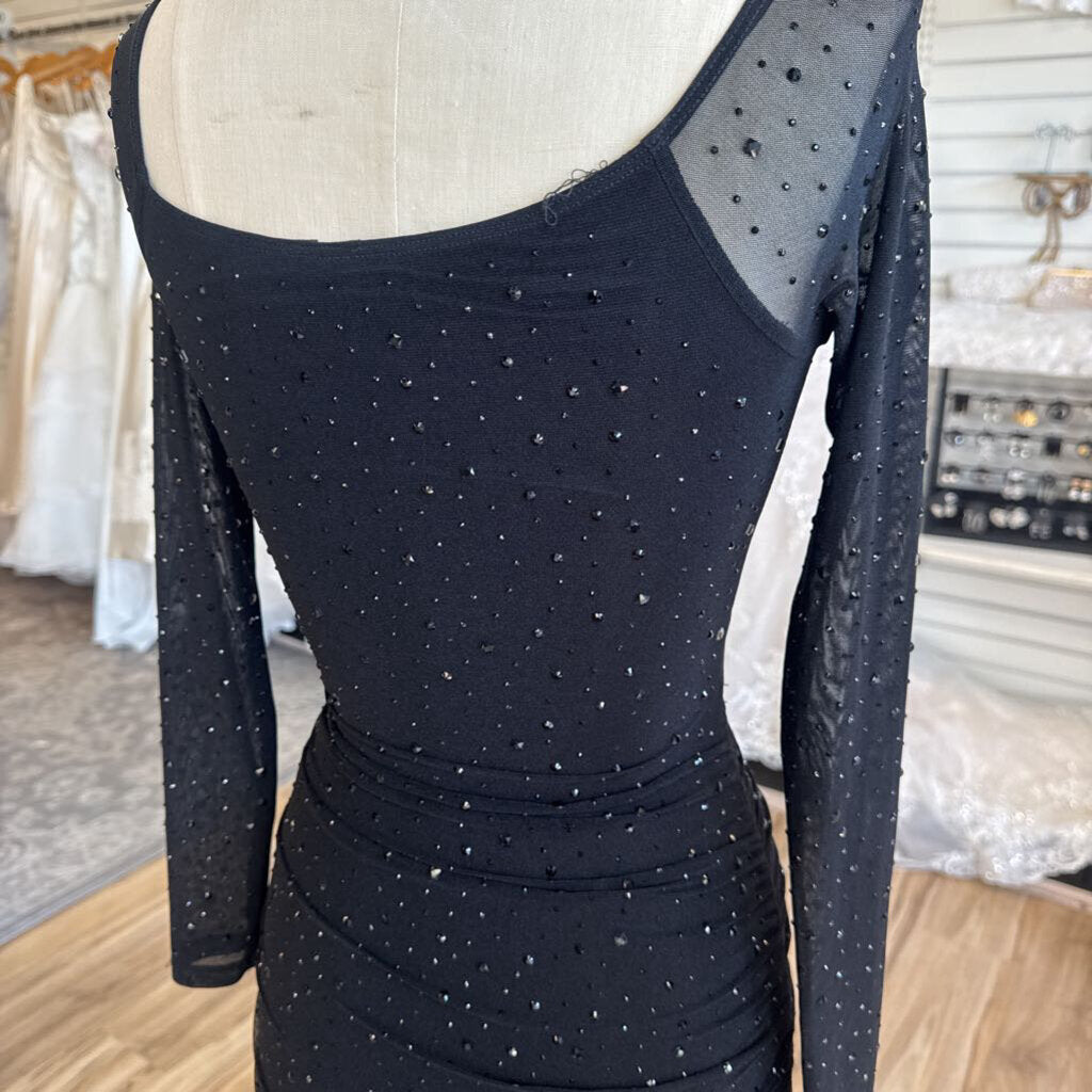 Windsor Black Studded Sparkle Long Sleeve Short Formal Dress Extra Small