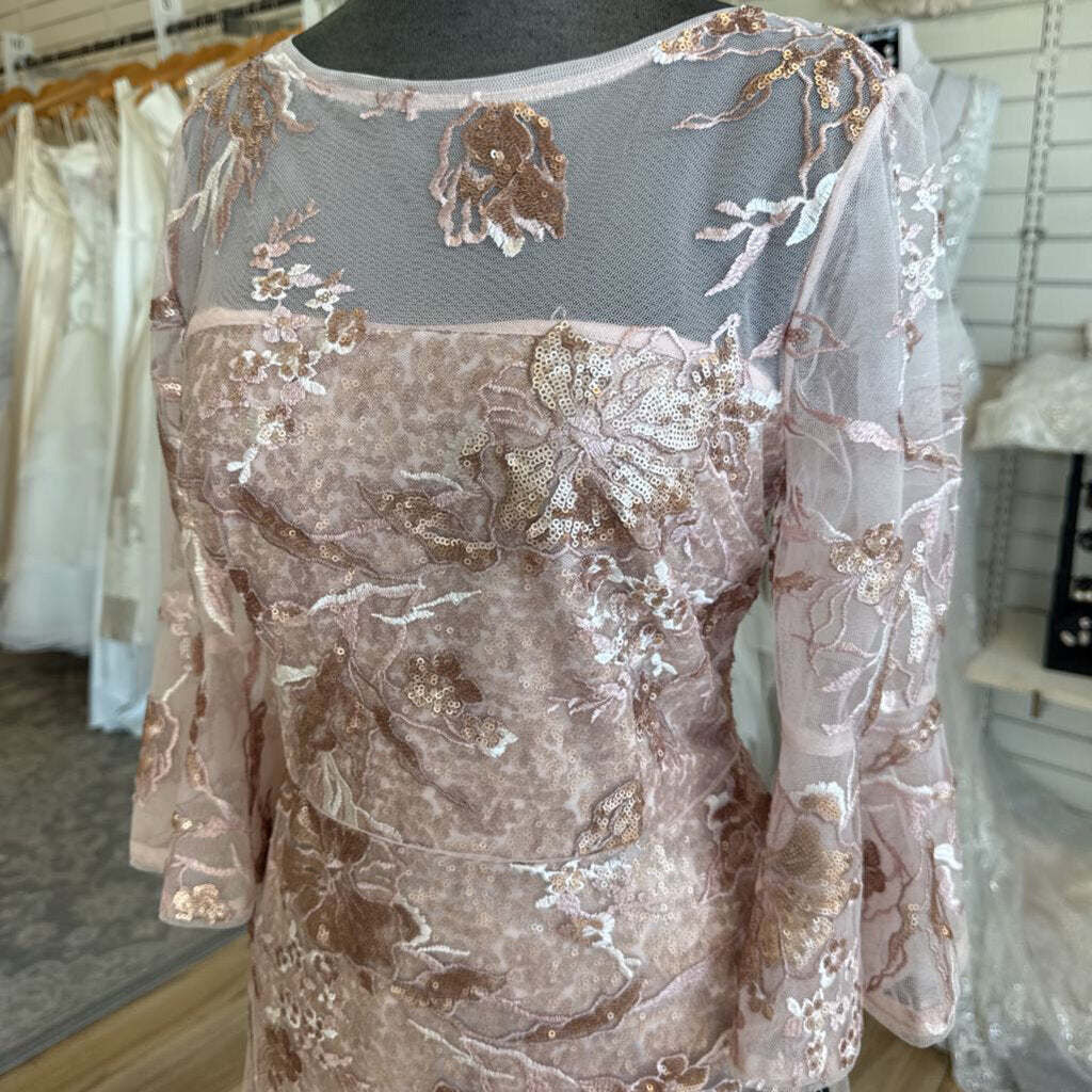 Adrianna Papell Pink Sequin Lace Long Sleeve Short Formal Dress 12