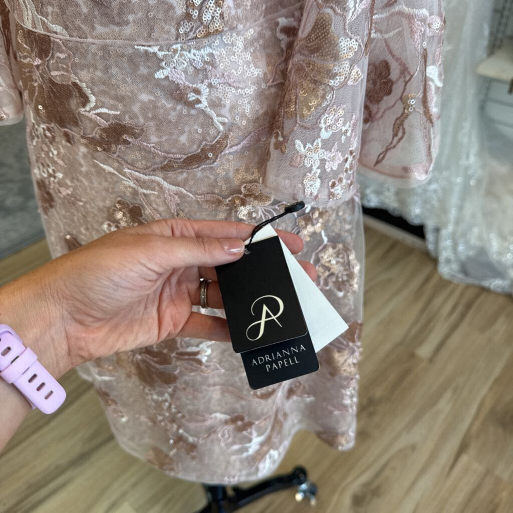 Adrianna Papell Pink Sequin Lace Long Sleeve Short Formal Dress 12