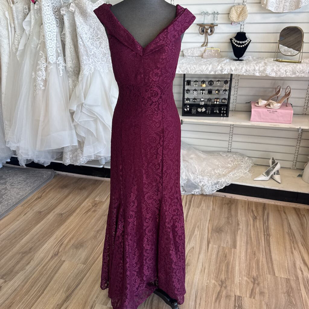 R and M Richards Burgundy Lace Off Shoulder Long Formal Dress 8