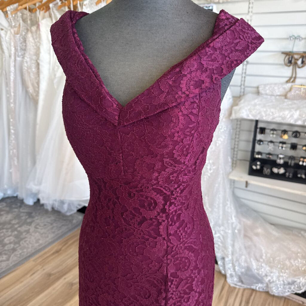 R and M Richards Burgundy Lace Off Shoulder Long Formal Dress 8