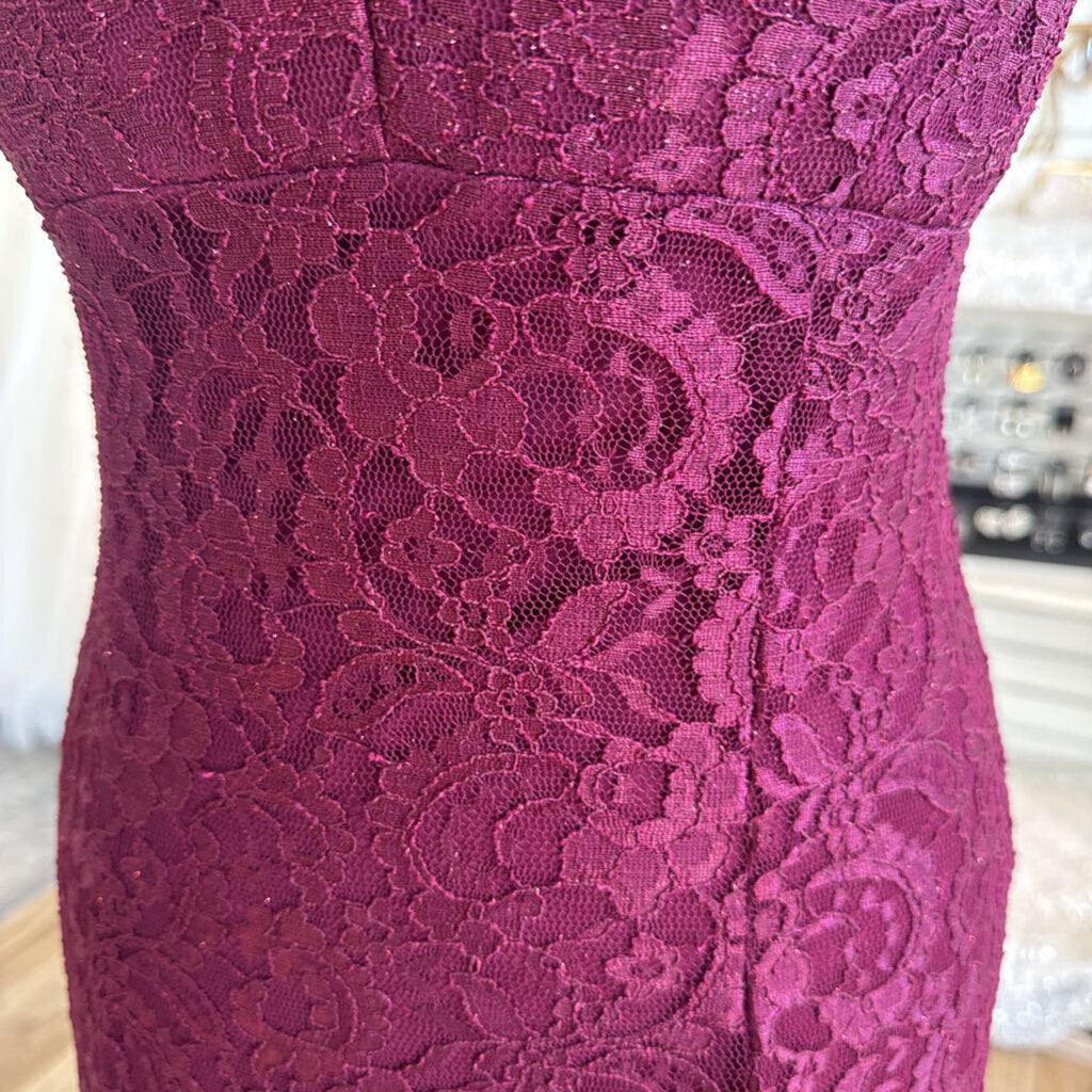 R and M Richards Burgundy Lace Off Shoulder Long Formal Dress 8