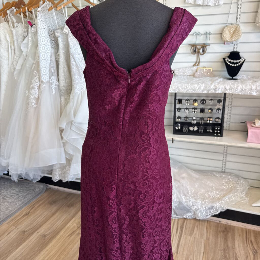 R and M Richards Burgundy Lace Off Shoulder Long Formal Dress 8
