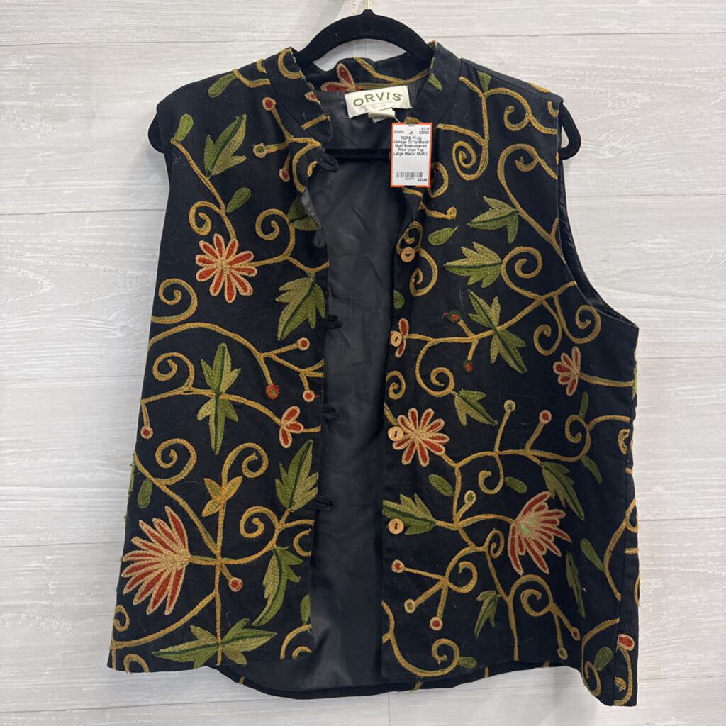 Vintage Orvis Black/ Multi Embroidered Print Vest Top Large