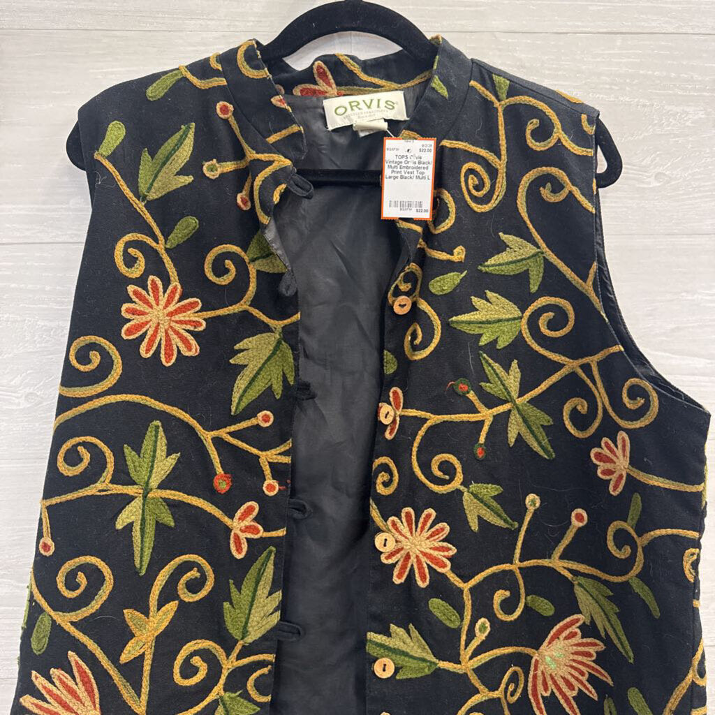 Vintage Orvis Black/ Multi Embroidered Print Vest Top Large