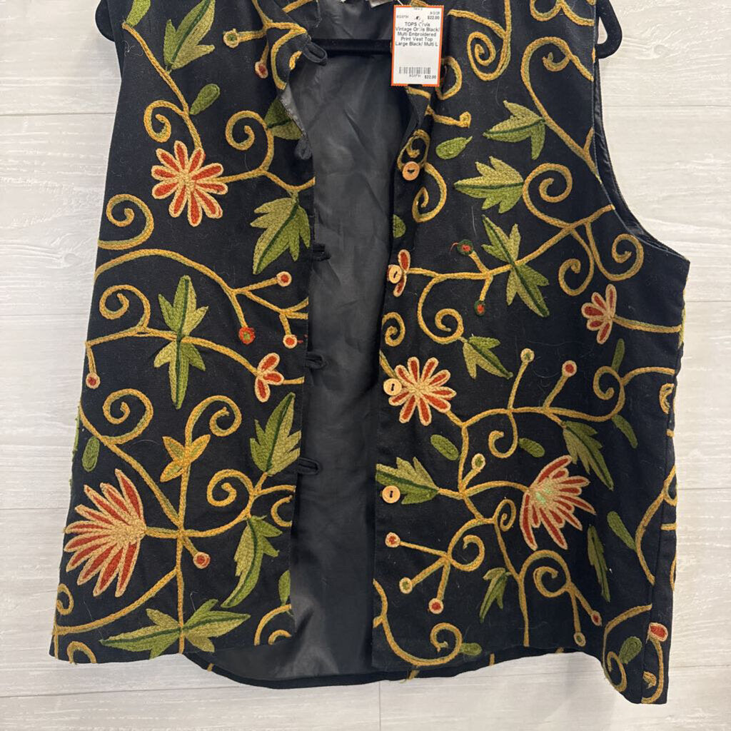 Vintage Orvis Black/ Multi Embroidered Print Vest Top Large