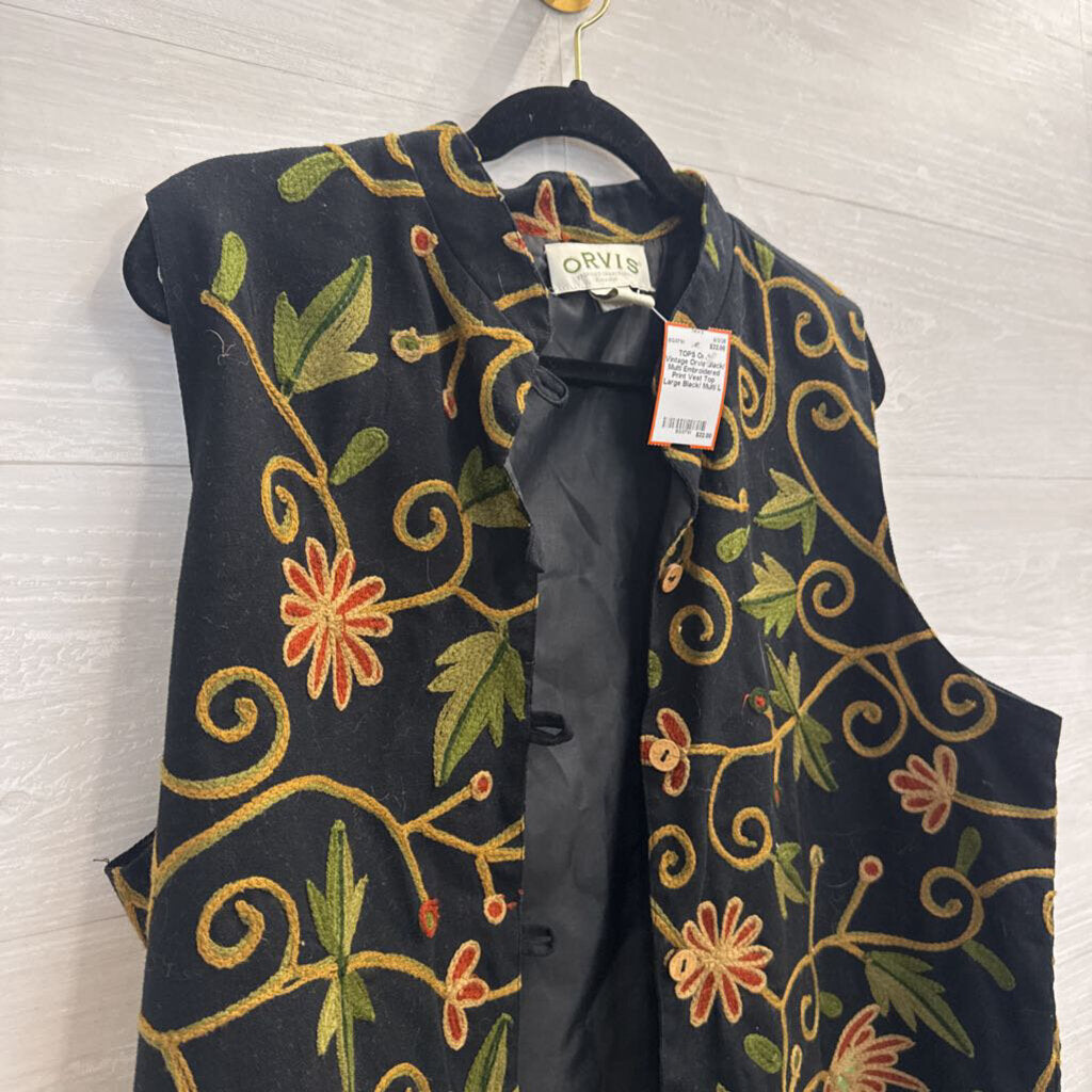 Vintage Orvis Black/ Multi Embroidered Print Vest Top Large