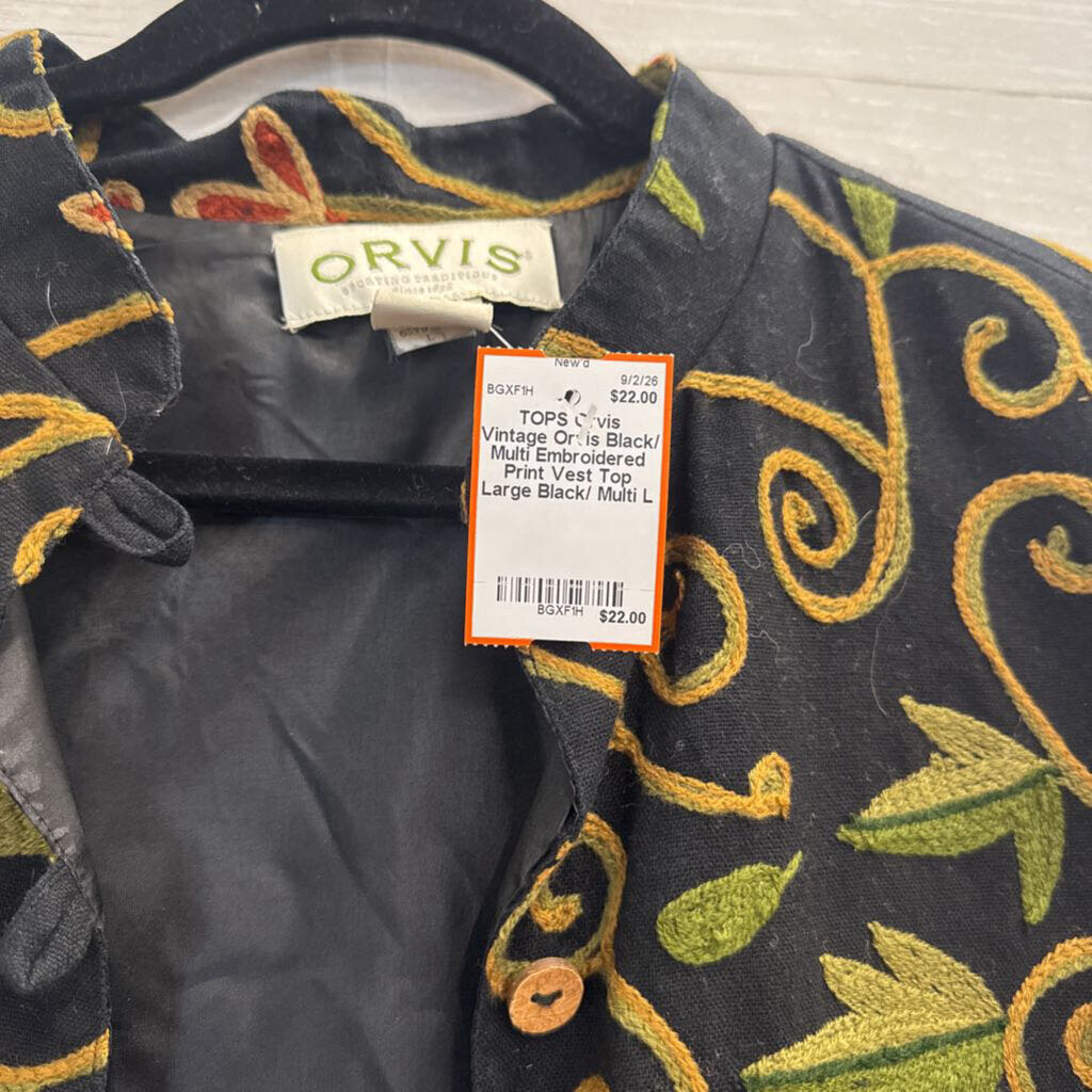 Vintage Orvis Black/ Multi Embroidered Print Vest Top Large