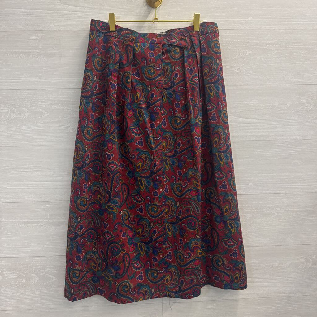 Vintage Glenisla Red/ Multi Print Wool Midi Skirt 10