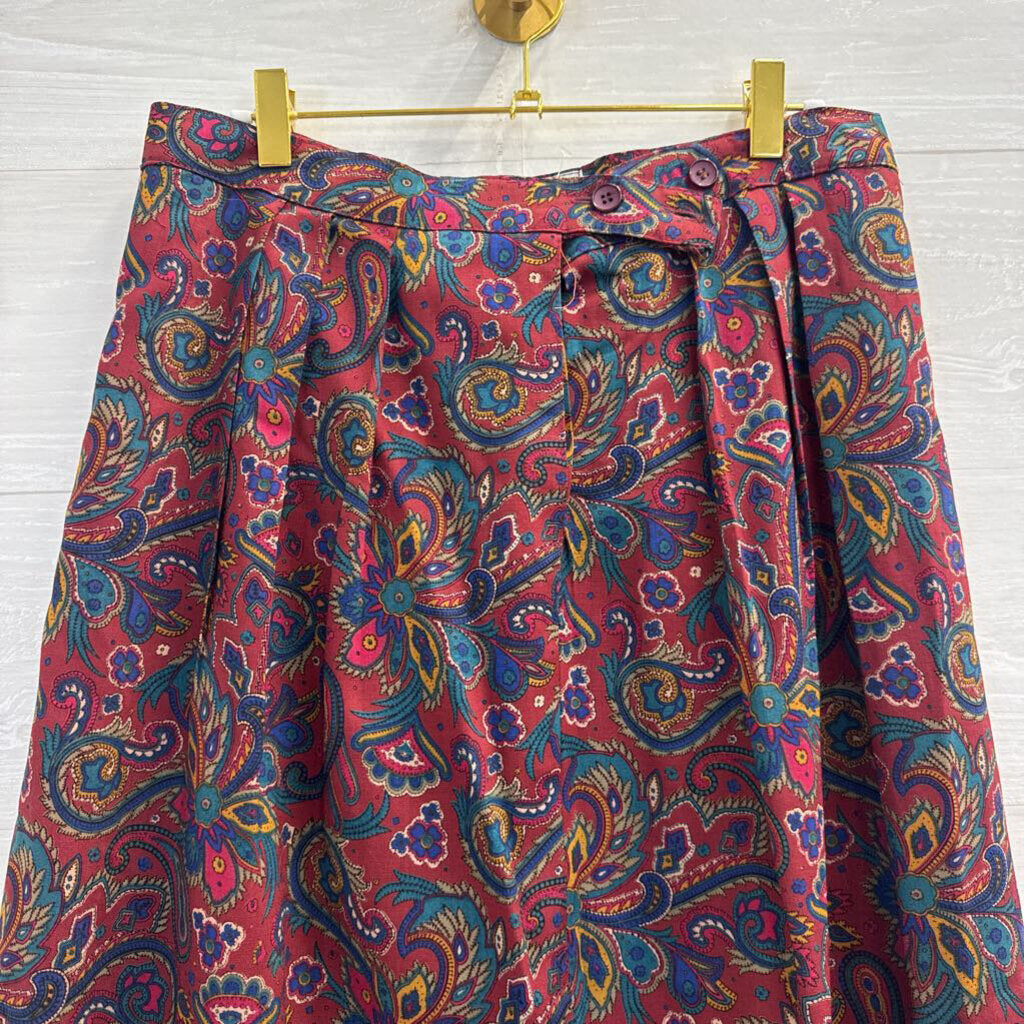 Vintage Glenisla Red/ Multi Print Wool Midi Skirt 10