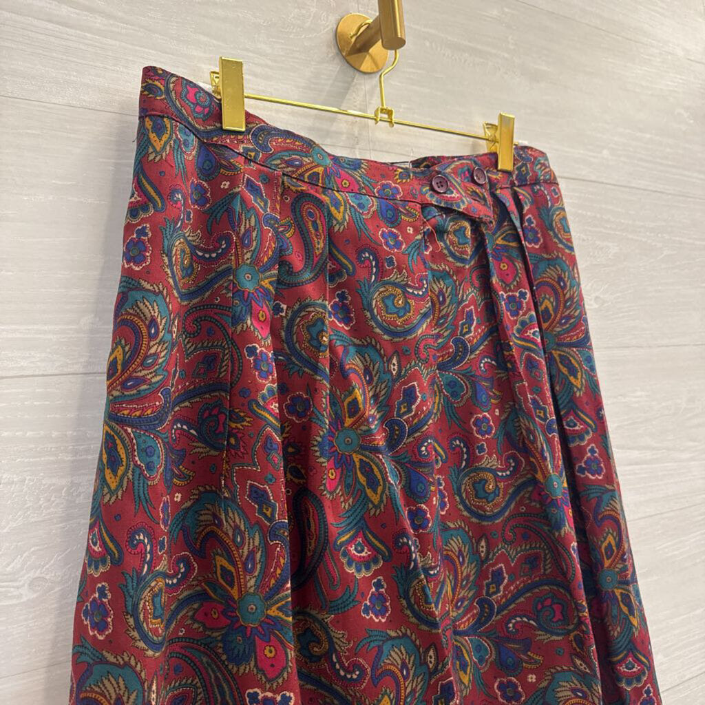 Vintage Glenisla Red/ Multi Print Wool Midi Skirt 10