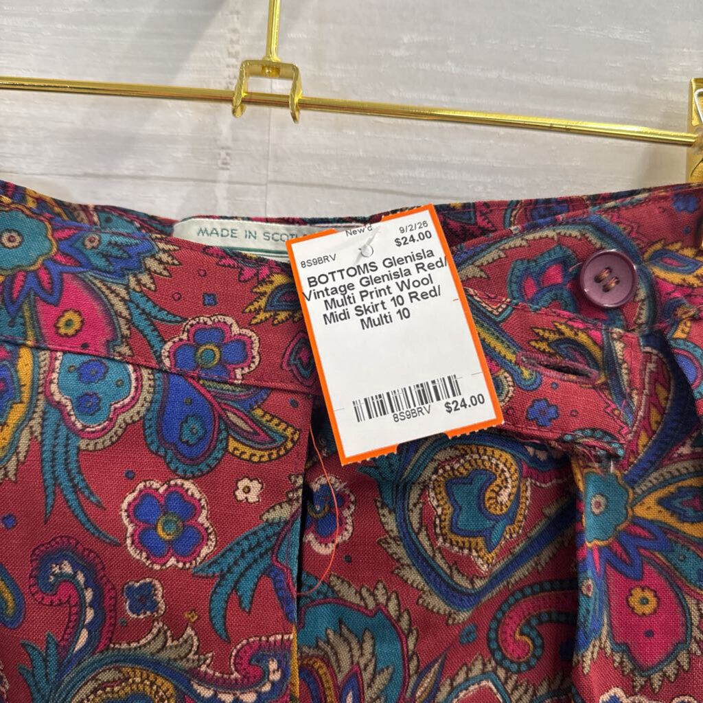 Vintage Glenisla Red/ Multi Print Wool Midi Skirt 10