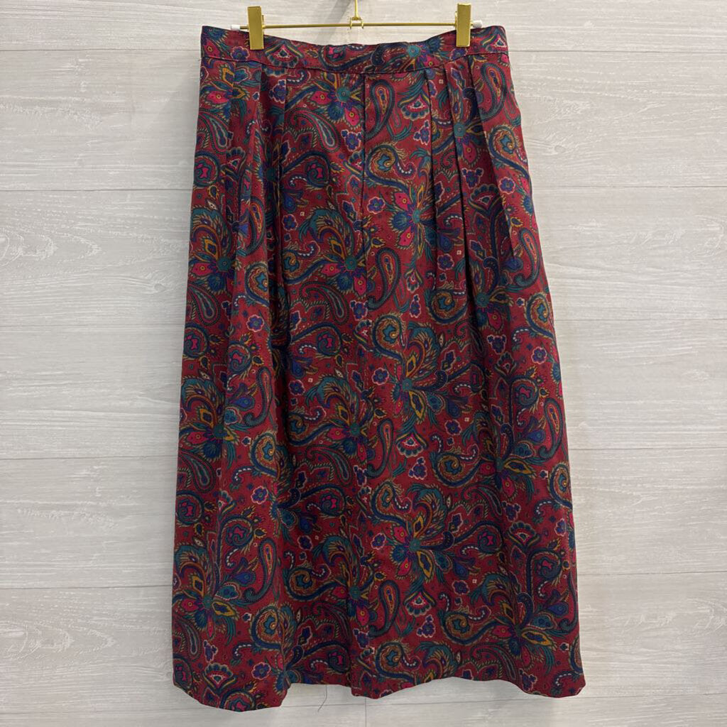 Vintage Glenisla Red/ Multi Print Wool Midi Skirt 10