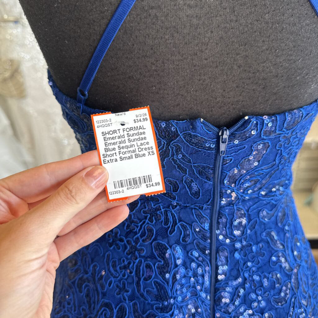 Emerald Sundae Blue Sequin Lace Short Formal Dress Extra Small
