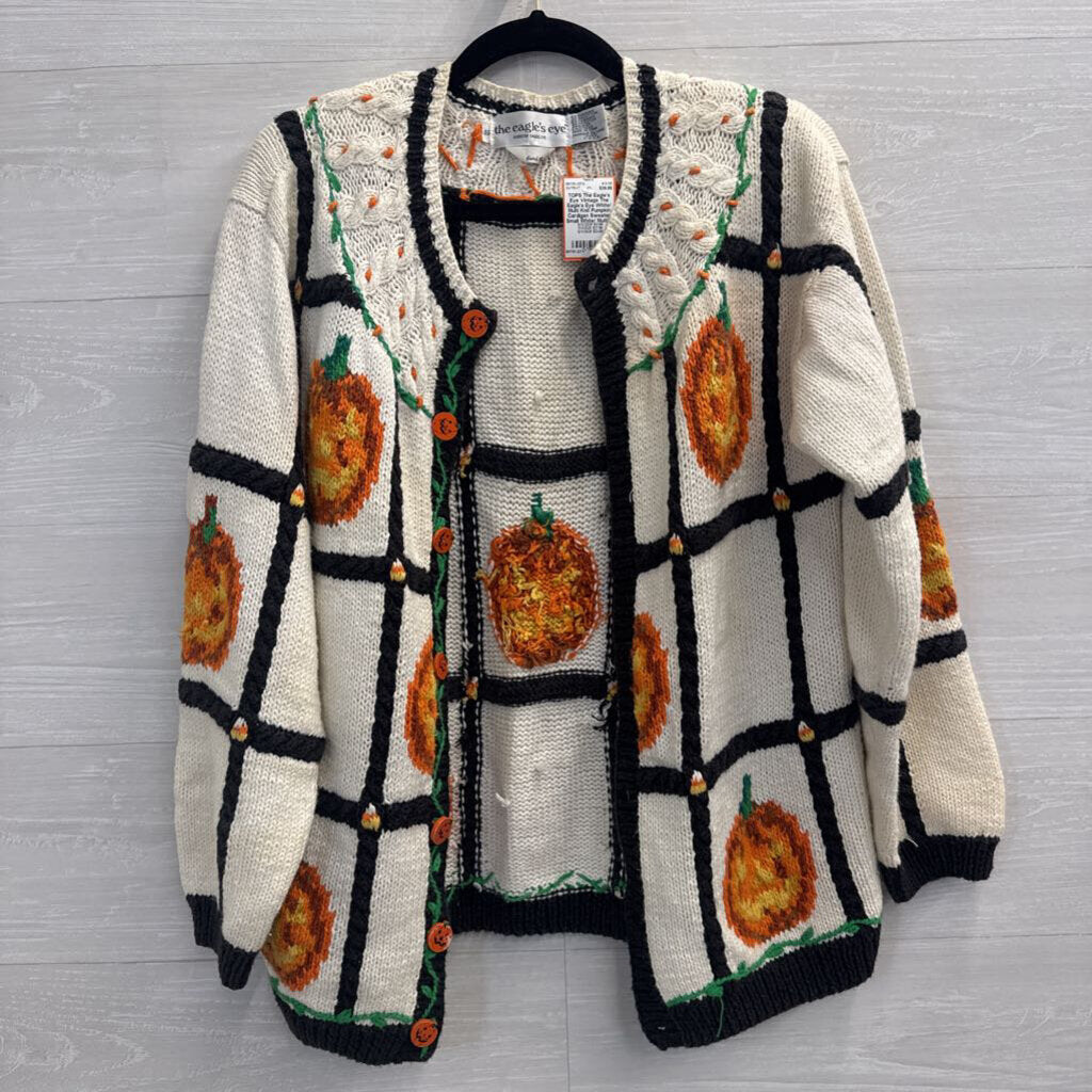 Vintage The Eagle's Eye White/ Multi Knit Pumpkin Cardigan Sweater Small